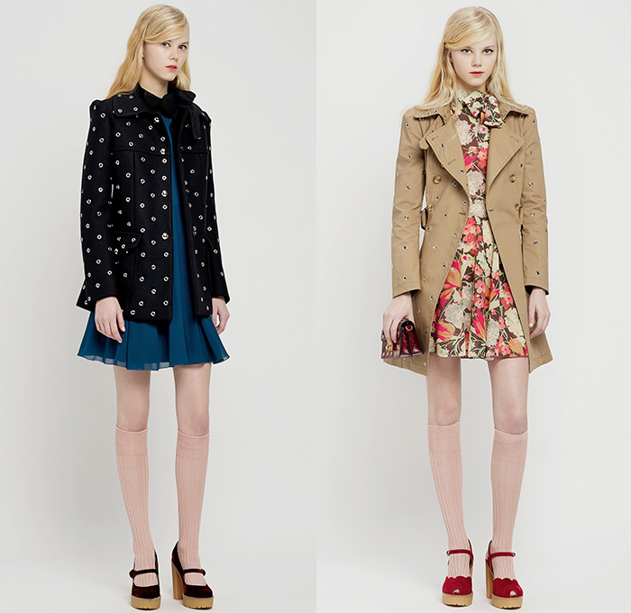 Red Valentino 2015 Pre Fall Autumn Womens Lookbook Presentation - Pop Art Flowers 1960s Peter Pan Collar Dress 3D Embroidery Knit Stripes Ruffles Furry Rainwear 1970s Seventies Hippie Boho Bohemian Sixties Florals Botanical Print Graphic Pattern Blouse Shirtdress Sheer Chiffon Tulle Embellished Collar Silk Heart Circus Tent Hem Ribbon Flap Cargo Pockets Vestdress Moto Biker Rider Leather Studs Plastic Dots