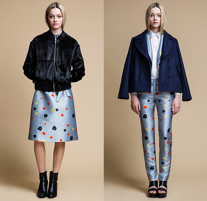 Rhié 2015 Pre Fall Autumn Womens Lookbook Presentation Designer Rie Yamagata - Flowers Peacoat Bomber Jacket Chunky Knit Sweaterdress Plaid Pleats Jogger Sweatpants Checks Flowers Florals Botanical Print Graphic Pattern Silk Outerwear Trench Coat Slip Dress A-line Skirt Frock Pants Trousers Blouse Long Sleeve Jumperdress Cardigancoat Tie-up Shorts Hoodie Drawstring Sheer Chiffon Extra Sleeves 