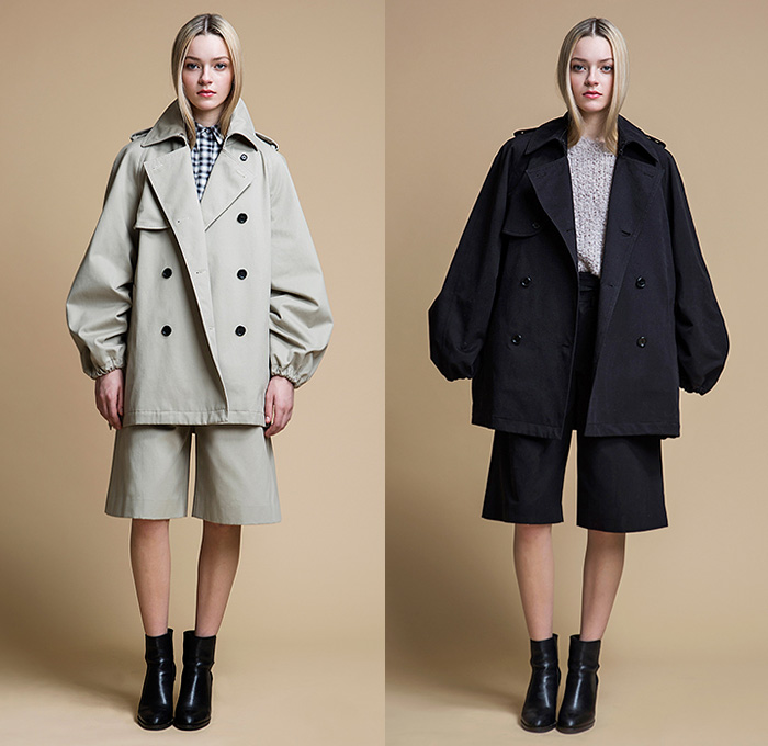 Rhié 2015 Pre Fall Autumn Womens Lookbook Presentation Designer Rie Yamagata - Flowers Peacoat Bomber Jacket Chunky Knit Sweaterdress Plaid Pleats Jogger Sweatpants Checks Flowers Florals Botanical Print Graphic Pattern Silk Outerwear Trench Coat Slip Dress A-line Skirt Frock Pants Trousers Blouse Long Sleeve Jumperdress Cardigancoat Tie-up Shorts Hoodie Drawstring Sheer Chiffon Extra Sleeves 