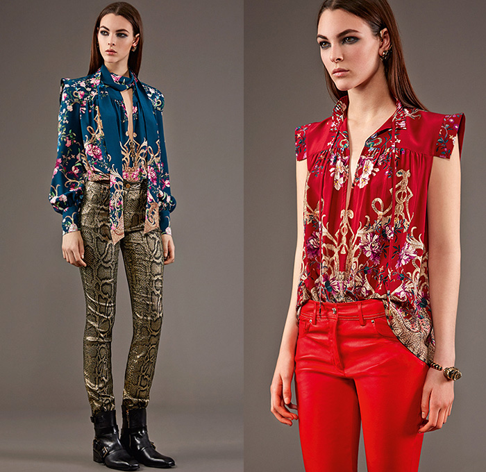 Roberto Cavalli 2015 Pre Fall Autumn Womens Lookbook Presentation - Jeans Rock n Roll Baroque Snake Reptile Python Tiger Pantsuit Blazer Furry Wide Leg Palazzo Pants Culottes Gown Furry Knit Brocade Jacquard Sequins Gown Maxi Dress Flowers Florals Print Graphic Pattern Ornamental Print Sheer Chiffon Blouse Scarf Boots Cap Sleeve Motorcycle Biker Rider Leather Embroidery Jacquard Pleats Drapery Ruffles