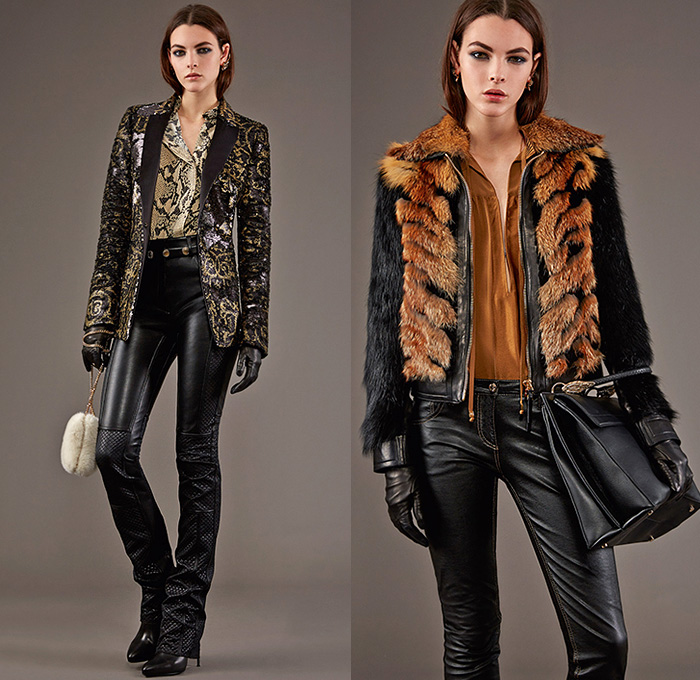 Roberto Cavalli 2015 Pre Fall Autumn Womens Lookbook Presentation - Jeans Rock n Roll Baroque Snake Reptile Python Tiger Pantsuit Blazer Furry Wide Leg Palazzo Pants Culottes Gown Furry Knit Brocade Jacquard Sequins Gown Maxi Dress Flowers Florals Print Graphic Pattern Ornamental Print Sheer Chiffon Blouse Scarf Boots Cap Sleeve Motorcycle Biker Rider Leather Embroidery Jacquard Pleats Drapery Ruffles