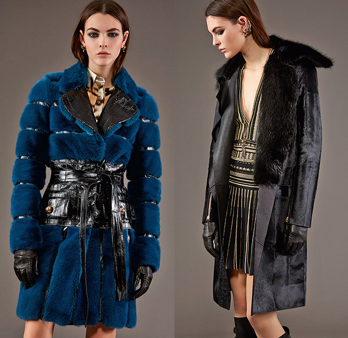 Roberto Cavalli 2015 Pre Fall Autumn Womens Lookbook Presentation - Jeans Rock n Roll Baroque Snake Reptile Python Tiger Pantsuit Blazer Furry Wide Leg Palazzo Pants Culottes Gown Furry Knit Brocade Jacquard Sequins Gown Maxi Dress Flowers Florals Print Graphic Pattern Ornamental Print Sheer Chiffon Blouse Scarf Boots Cap Sleeve Motorcycle Biker Rider Leather Embroidery Jacquard Pleats Drapery Ruffles