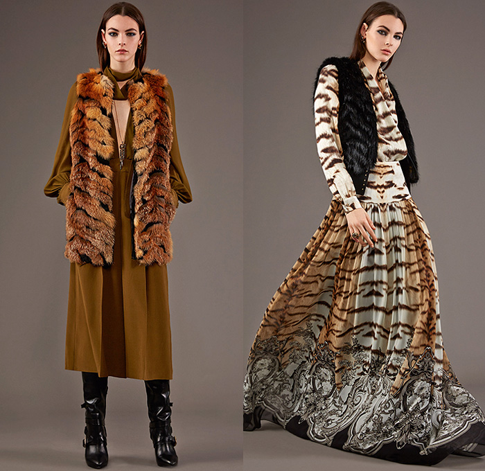 Roberto Cavalli 2015 Pre Fall Autumn Womens Lookbook Presentation - Jeans Rock n Roll Baroque Snake Reptile Python Tiger Pantsuit Blazer Furry Wide Leg Palazzo Pants Culottes Gown Furry Knit Brocade Jacquard Sequins Gown Maxi Dress Flowers Florals Print Graphic Pattern Ornamental Print Sheer Chiffon Blouse Scarf Boots Cap Sleeve Motorcycle Biker Rider Leather Embroidery Jacquard Pleats Drapery Ruffles