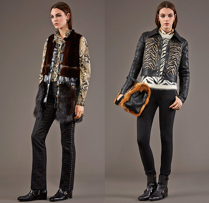 Roberto Cavalli 2015 Pre Fall Autumn Womens Lookbook Presentation - Jeans Rock n Roll Baroque Snake Reptile Python Tiger Pantsuit Blazer Furry Wide Leg Palazzo Pants Culottes Gown Furry Knit Brocade Jacquard Sequins Gown Maxi Dress Flowers Florals Print Graphic Pattern Ornamental Print Sheer Chiffon Blouse Scarf Boots Cap Sleeve Motorcycle Biker Rider Leather Embroidery Jacquard Pleats Drapery Ruffles