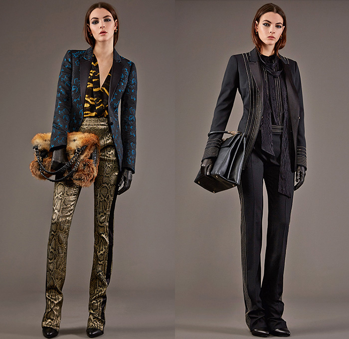 Roberto Cavalli 2015 Pre Fall Autumn Womens Lookbook Presentation - Jeans Rock n Roll Baroque Snake Reptile Python Tiger Pantsuit Blazer Furry Wide Leg Palazzo Pants Culottes Gown Furry Knit Brocade Jacquard Sequins Gown Maxi Dress Flowers Florals Print Graphic Pattern Ornamental Print Sheer Chiffon Blouse Scarf Boots Cap Sleeve Motorcycle Biker Rider Leather Embroidery Jacquard Pleats Drapery Ruffles