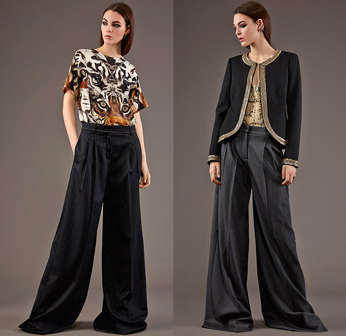 Roberto Cavalli 2015 Pre Fall Autumn Womens Lookbook Presentation - Jeans Rock n Roll Baroque Snake Reptile Python Tiger Pantsuit Blazer Furry Wide Leg Palazzo Pants Culottes Gown Furry Knit Brocade Jacquard Sequins Gown Maxi Dress Flowers Florals Print Graphic Pattern Ornamental Print Sheer Chiffon Blouse Scarf Boots Cap Sleeve Motorcycle Biker Rider Leather Embroidery Jacquard Pleats Drapery Ruffles