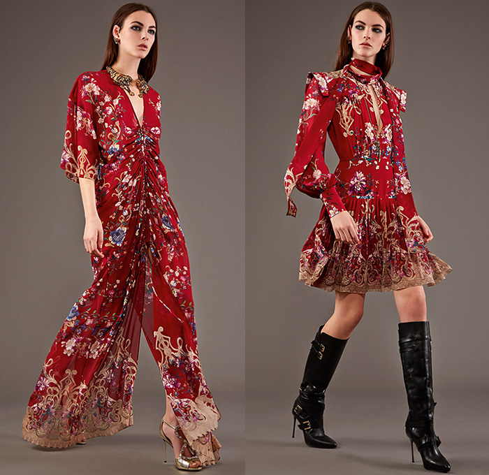 Roberto Cavalli 2015 Pre Fall Autumn Womens Lookbook Presentation - Jeans Rock n Roll Baroque Snake Reptile Python Tiger Pantsuit Blazer Furry Wide Leg Palazzo Pants Culottes Gown Furry Knit Brocade Jacquard Sequins Gown Maxi Dress Flowers Florals Print Graphic Pattern Ornamental Print Sheer Chiffon Blouse Scarf Boots Cap Sleeve Motorcycle Biker Rider Leather Embroidery Jacquard Pleats Drapery Ruffles