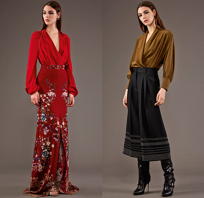 Roberto Cavalli 2015 Pre Fall Autumn Womens Lookbook Presentation - Jeans Rock n Roll Baroque Snake Reptile Python Tiger Pantsuit Blazer Furry Wide Leg Palazzo Pants Culottes Gown Furry Knit Brocade Jacquard Sequins Gown Maxi Dress Flowers Florals Print Graphic Pattern Ornamental Print Sheer Chiffon Blouse Scarf Boots Cap Sleeve Motorcycle Biker Rider Leather Embroidery Jacquard Pleats Drapery Ruffles