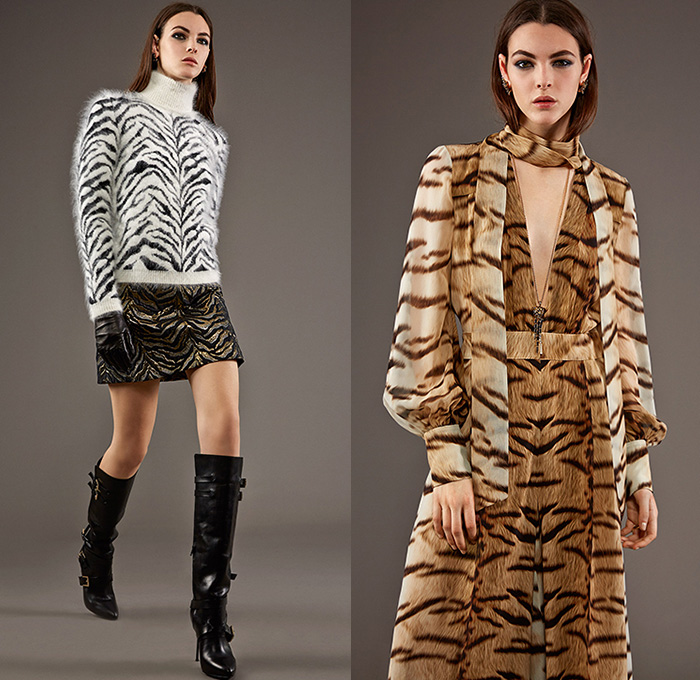 Roberto Cavalli 2015 Pre Fall Autumn Womens Lookbook Presentation - Jeans Rock n Roll Baroque Snake Reptile Python Tiger Pantsuit Blazer Furry Wide Leg Palazzo Pants Culottes Gown Furry Knit Brocade Jacquard Sequins Gown Maxi Dress Flowers Florals Print Graphic Pattern Ornamental Print Sheer Chiffon Blouse Scarf Boots Cap Sleeve Motorcycle Biker Rider Leather Embroidery Jacquard Pleats Drapery Ruffles
