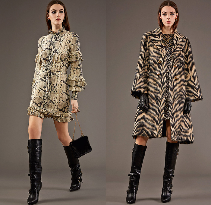 Roberto Cavalli 2015 Pre Fall Autumn Womens Lookbook Presentation - Jeans Rock n Roll Baroque Snake Reptile Python Tiger Pantsuit Blazer Furry Wide Leg Palazzo Pants Culottes Gown Furry Knit Brocade Jacquard Sequins Gown Maxi Dress Flowers Florals Print Graphic Pattern Ornamental Print Sheer Chiffon Blouse Scarf Boots Cap Sleeve Motorcycle Biker Rider Leather Embroidery Jacquard Pleats Drapery Ruffles