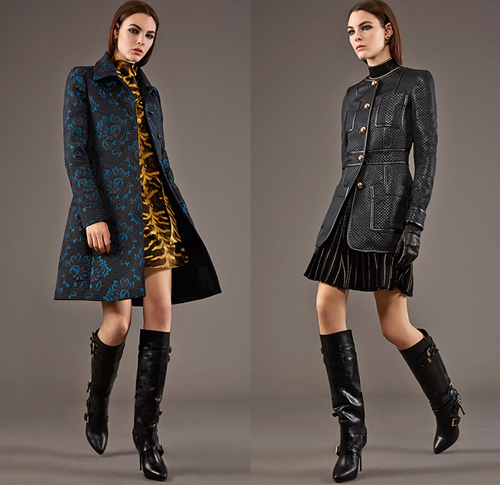 Roberto Cavalli 2015 Pre Fall Autumn Womens Lookbook Presentation - Jeans Rock n Roll Baroque Snake Reptile Python Tiger Pantsuit Blazer Furry Wide Leg Palazzo Pants Culottes Gown Furry Knit Brocade Jacquard Sequins Gown Maxi Dress Flowers Florals Print Graphic Pattern Ornamental Print Sheer Chiffon Blouse Scarf Boots Cap Sleeve Motorcycle Biker Rider Leather Embroidery Jacquard Pleats Drapery Ruffles