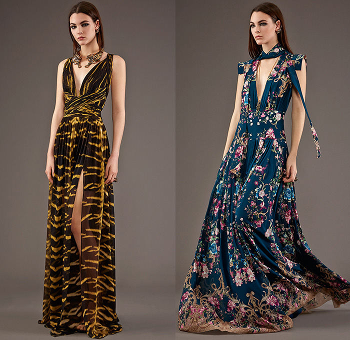 Roberto Cavalli 2015 Pre Fall Autumn Womens Lookbook Presentation - Jeans Rock n Roll Baroque Snake Reptile Python Tiger Pantsuit Blazer Furry Wide Leg Palazzo Pants Culottes Gown Furry Knit Brocade Jacquard Sequins Gown Maxi Dress Flowers Florals Print Graphic Pattern Ornamental Print Sheer Chiffon Blouse Scarf Boots Cap Sleeve Motorcycle Biker Rider Leather Embroidery Jacquard Pleats Drapery Ruffles