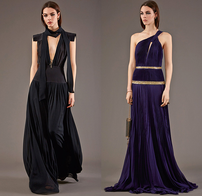 Roberto Cavalli 2015 Pre Fall Autumn Womens Lookbook Presentation - Jeans Rock n Roll Baroque Snake Reptile Python Tiger Pantsuit Blazer Furry Wide Leg Palazzo Pants Culottes Gown Furry Knit Brocade Jacquard Sequins Gown Maxi Dress Flowers Florals Print Graphic Pattern Ornamental Print Sheer Chiffon Blouse Scarf Boots Cap Sleeve Motorcycle Biker Rider Leather Embroidery Jacquard Pleats Drapery Ruffles
