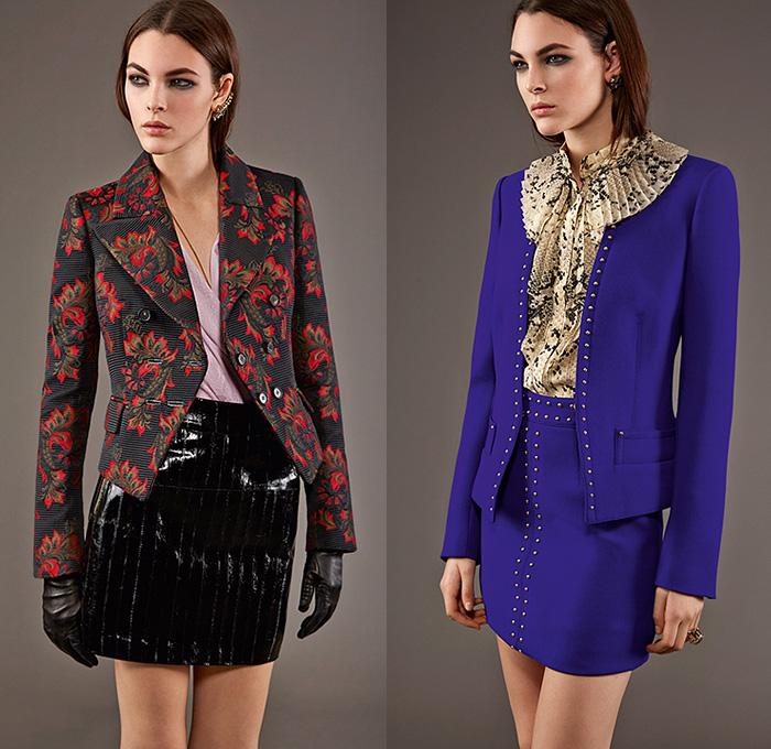 Roberto Cavalli 2015 Pre Fall Autumn Womens Lookbook Presentation - Jeans Rock n Roll Baroque Snake Reptile Python Tiger Pantsuit Blazer Furry Wide Leg Palazzo Pants Culottes Gown Furry Knit Brocade Jacquard Sequins Gown Maxi Dress Flowers Florals Print Graphic Pattern Ornamental Print Sheer Chiffon Blouse Scarf Boots Cap Sleeve Motorcycle Biker Rider Leather Embroidery Jacquard Pleats Drapery Ruffles