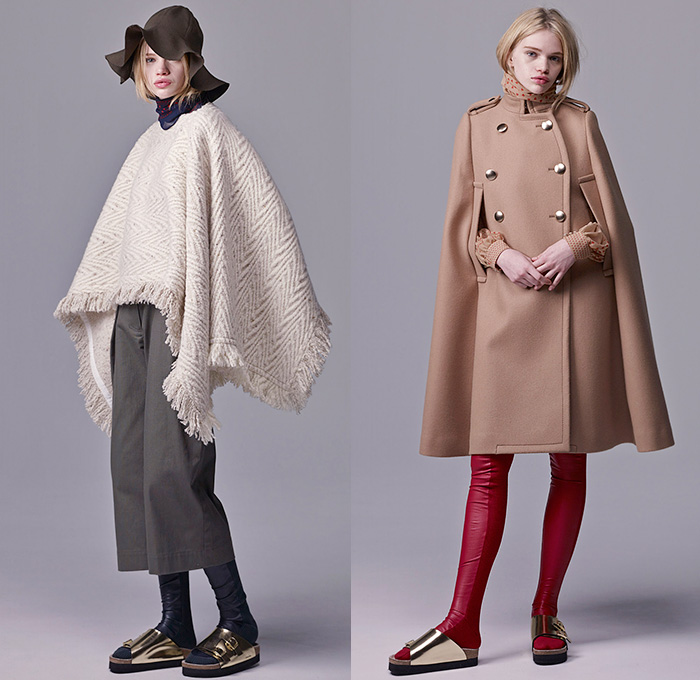 Sacai Luck by Chitose Abe 2015 Pre Fall Autumn Womens Lookbook Presentation - Wide Leg Culottes Poncho Hanging Sleeve Cape Turtleneck Windowpane Check Fringes Cheetah Leopard Leggings Floppy Hat Sandals Quilted Puffer Furry Outerwear Parka Skirt Frock Flap Pockets Sheer Chiffon Bomber Jacket Nylon Asymmetrical Hem Weave Chunky Knit High Slit Sweater Jumper Ribbed Blouse Lace