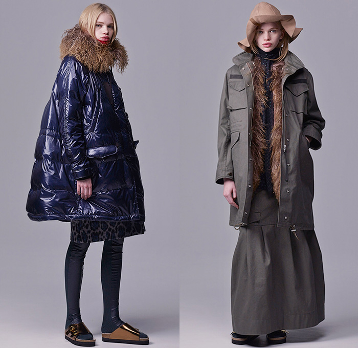 Sacai Luck by Chitose Abe 2015 Pre Fall Autumn Womens Lookbook Presentation - Wide Leg Culottes Poncho Hanging Sleeve Cape Turtleneck Windowpane Check Fringes Cheetah Leopard Leggings Floppy Hat Sandals Quilted Puffer Furry Outerwear Parka Skirt Frock Flap Pockets Sheer Chiffon Bomber Jacket Nylon Asymmetrical Hem Weave Chunky Knit High Slit Sweater Jumper Ribbed Blouse Lace