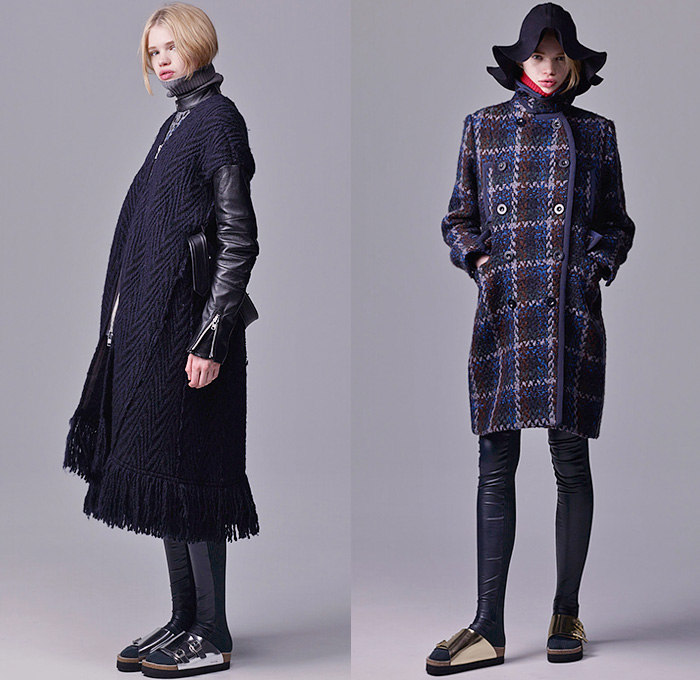 Sacai Luck by Chitose Abe 2015 Pre Fall Autumn Womens Lookbook Presentation - Wide Leg Culottes Poncho Hanging Sleeve Cape Turtleneck Windowpane Check Fringes Cheetah Leopard Leggings Floppy Hat Sandals Quilted Puffer Furry Outerwear Parka Skirt Frock Flap Pockets Sheer Chiffon Bomber Jacket Nylon Asymmetrical Hem Weave Chunky Knit High Slit Sweater Jumper Ribbed Blouse Lace