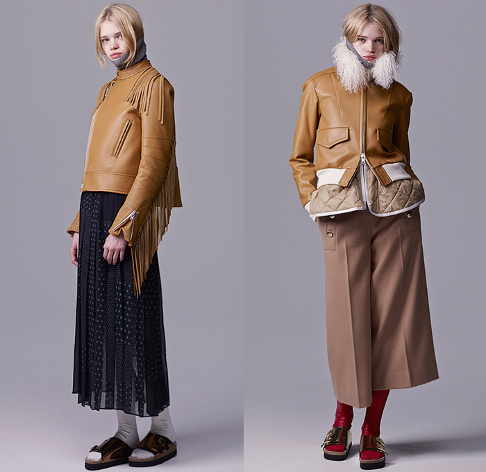 Sacai Luck by Chitose Abe 2015 Pre Fall Autumn Womens Lookbook Presentation - Wide Leg Culottes Poncho Hanging Sleeve Cape Turtleneck Windowpane Check Fringes Cheetah Leopard Leggings Floppy Hat Sandals Quilted Puffer Furry Outerwear Parka Skirt Frock Flap Pockets Sheer Chiffon Bomber Jacket Nylon Asymmetrical Hem Weave Chunky Knit High Slit Sweater Jumper Ribbed Blouse Lace