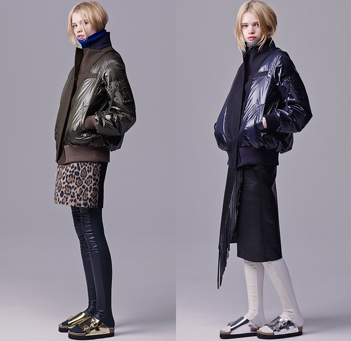 Sacai Luck by Chitose Abe 2015 Pre Fall Autumn Womens Lookbook Presentation - Wide Leg Culottes Poncho Hanging Sleeve Cape Turtleneck Windowpane Check Fringes Cheetah Leopard Leggings Floppy Hat Sandals Quilted Puffer Furry Outerwear Parka Skirt Frock Flap Pockets Sheer Chiffon Bomber Jacket Nylon Asymmetrical Hem Weave Chunky Knit High Slit Sweater Jumper Ribbed Blouse Lace