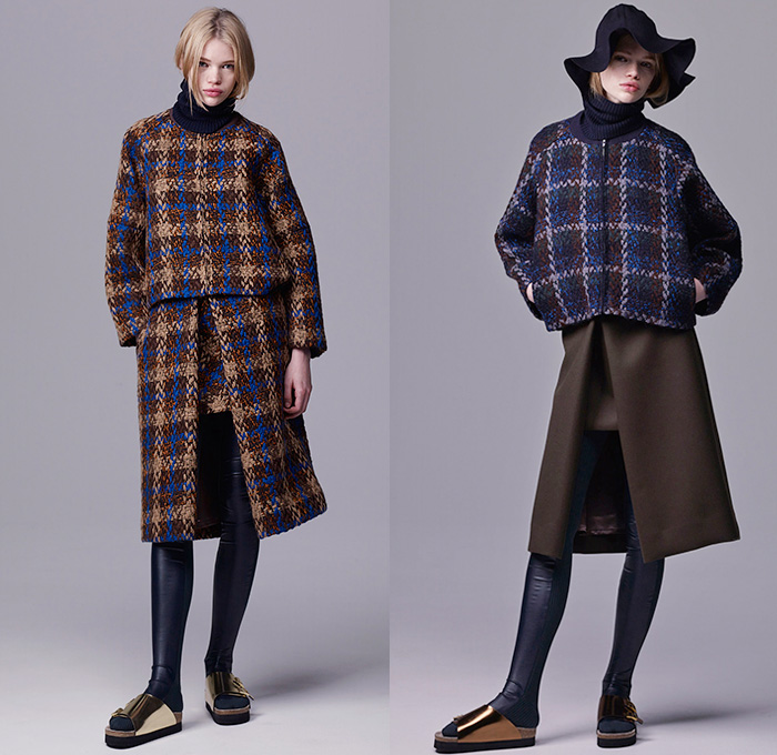 Sacai Luck by Chitose Abe 2015 Pre Fall Autumn Womens Lookbook Presentation - Wide Leg Culottes Poncho Hanging Sleeve Cape Turtleneck Windowpane Check Fringes Cheetah Leopard Leggings Floppy Hat Sandals Quilted Puffer Furry Outerwear Parka Skirt Frock Flap Pockets Sheer Chiffon Bomber Jacket Nylon Asymmetrical Hem Weave Chunky Knit High Slit Sweater Jumper Ribbed Blouse Lace