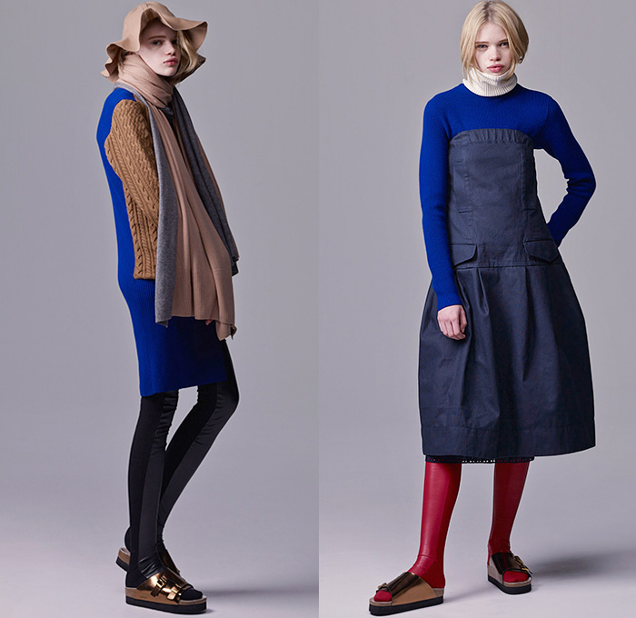 Sacai Luck by Chitose Abe 2015 Pre Fall Autumn Womens Lookbook Presentation - Wide Leg Culottes Poncho Hanging Sleeve Cape Turtleneck Windowpane Check Fringes Cheetah Leopard Leggings Floppy Hat Sandals Quilted Puffer Furry Outerwear Parka Skirt Frock Flap Pockets Sheer Chiffon Bomber Jacket Nylon Asymmetrical Hem Weave Chunky Knit High Slit Sweater Jumper Ribbed Blouse Lace