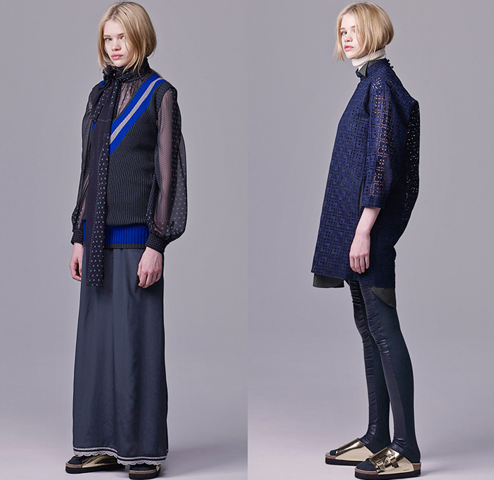 Sacai Luck by Chitose Abe 2015 Pre Fall Autumn Womens Lookbook Presentation - Wide Leg Culottes Poncho Hanging Sleeve Cape Turtleneck Windowpane Check Fringes Cheetah Leopard Leggings Floppy Hat Sandals Quilted Puffer Furry Outerwear Parka Skirt Frock Flap Pockets Sheer Chiffon Bomber Jacket Nylon Asymmetrical Hem Weave Chunky Knit High Slit Sweater Jumper Ribbed Blouse Lace