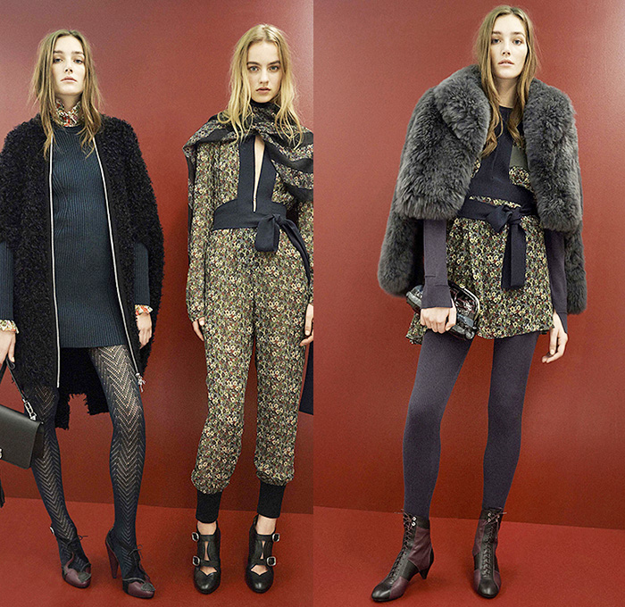 Sonia Rykiel 2015 Pre Fall Autumn Womens Lookbook Presentation - 1970s Seventies Denim Jeans Leggings Furry Coat Flare Leopard Grommets Hanging Sleeve Cape Tartan Turtleneck Stars Shearling Blazer Ankle Boots Skirt Frock Miniskirt Scarf Knit Cap Beanie Bag Trench Coat Gloves Suede Bohemian Boho Sweater Jumper Flowers Florals Plaid Sheer Chiffon Lace Sweatshirt Shorts Purse Clutch Hoodie