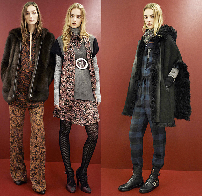 Sonia Rykiel 2015 Pre Fall Autumn Womens Lookbook Presentation - 1970s Seventies Denim Jeans Leggings Furry Coat Flare Leopard Grommets Hanging Sleeve Cape Tartan Turtleneck Stars Shearling Blazer Ankle Boots Skirt Frock Miniskirt Scarf Knit Cap Beanie Bag Trench Coat Gloves Suede Bohemian Boho Sweater Jumper Flowers Florals Plaid Sheer Chiffon Lace Sweatshirt Shorts Purse Clutch Hoodie