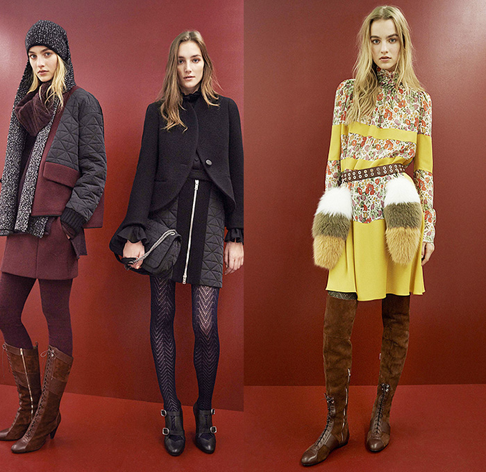 Sonia Rykiel 2015 Pre Fall Autumn Womens Lookbook Presentation - 1970s Seventies Denim Jeans Leggings Furry Coat Flare Leopard Grommets Hanging Sleeve Cape Tartan Turtleneck Stars Shearling Blazer Ankle Boots Skirt Frock Miniskirt Scarf Knit Cap Beanie Bag Trench Coat Gloves Suede Bohemian Boho Sweater Jumper Flowers Florals Plaid Sheer Chiffon Lace Sweatshirt Shorts Purse Clutch Hoodie