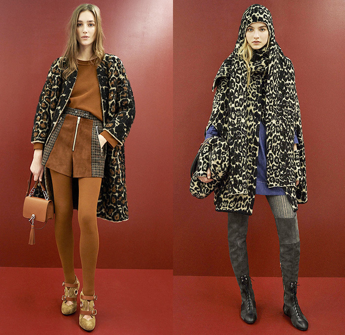 Sonia Rykiel 2015 Pre Fall Autumn Womens Lookbook Presentation - 1970s Seventies Denim Jeans Leggings Furry Coat Flare Leopard Grommets Hanging Sleeve Cape Tartan Turtleneck Stars Shearling Blazer Ankle Boots Skirt Frock Miniskirt Scarf Knit Cap Beanie Bag Trench Coat Gloves Suede Bohemian Boho Sweater Jumper Flowers Florals Plaid Sheer Chiffon Lace Sweatshirt Shorts Purse Clutch Hoodie