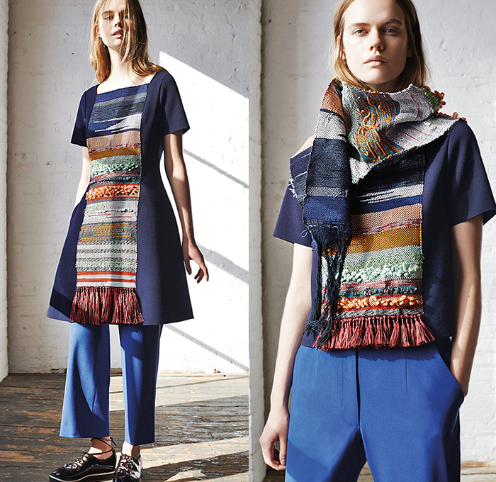 SUNO New York 2015 Pre Fall Autumn Womens Lookbook Presentation - Fringes Knit Tassels Weave Windowpane Check Turtleneck Lace Up Beads Blouse Flowers Embroidery 3D Embellishments Adornments Wide Leg Cropped Palazzo Pants Trousers Culottes Outerwear Blazer Grommets Maxi Dress Florals Print Graphic Pattern Skirt Frock Tunic Tiered Stripes