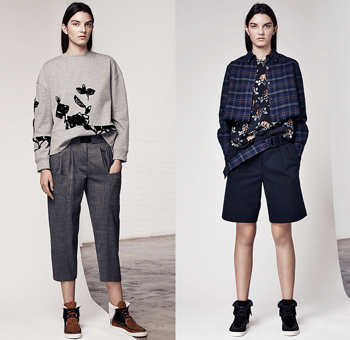 Thakoon Addition 2015 Pre Fall Autumn Womens Lookbook Presentation - Sporty Knit Fringes Turtleneck Shirtdress Lace Pinstripe Windowpane Check Wool Slim High Tops Sleeveless Waistcoat Shawl Cropped Pants Trousers Flowers Florals Flora Fauna Leaves Foliage Print Graphic Pattern Sweater Jumper Embroidery Shorts Plaid Outerwear Jacket Slouchy Tie Up Drawstring Stripes Funnelneck Skirt Frock Miniskirt Maxi Dress