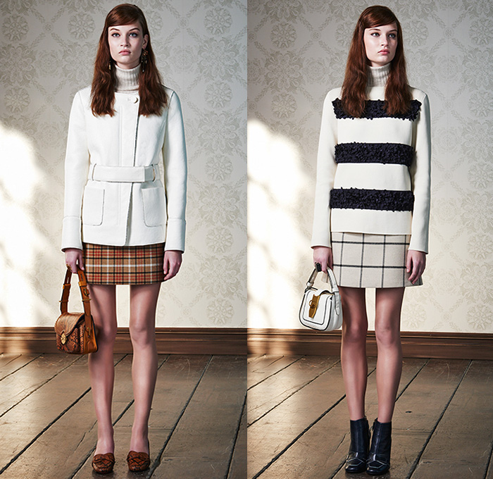 Tory Burch 2015 Pre Fall Autumn Womens Lookbook Presentation - Outerwear Peacoat Windowpane Check Knit Turtleneck 3D Flowers Fringes Shirtdress Suede Scarf Snake Paisley Miniskirt Schoolgirl Plaid Mod Chelsea Boots Silk Organza Jacquard Ankle Boot Embroidery Embellishments Adornments Moto Motorcycle Biker Rider Shorts Blouse Dress Plants Snakeskin Python Reptile Mesh Accordion Pleats 1960s Sixties Leaves Foliage