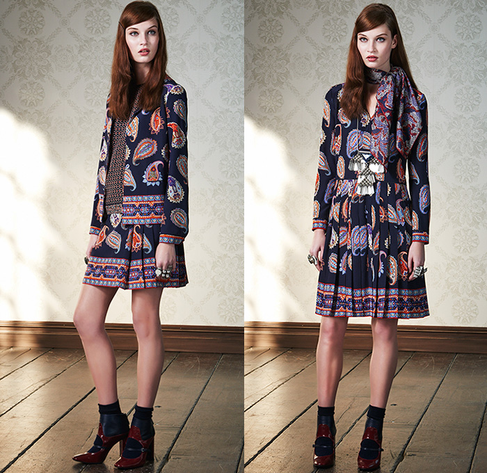 Tory Burch 2015 Pre Fall Autumn Womens Lookbook Presentation - Outerwear Peacoat Windowpane Check Knit Turtleneck 3D Flowers Fringes Shirtdress Suede Scarf Snake Paisley Miniskirt Schoolgirl Plaid Mod Chelsea Boots Silk Organza Jacquard Ankle Boot Embroidery Embellishments Adornments Moto Motorcycle Biker Rider Shorts Blouse Dress Plants Snakeskin Python Reptile Mesh Accordion Pleats 1960s Sixties Leaves Foliage