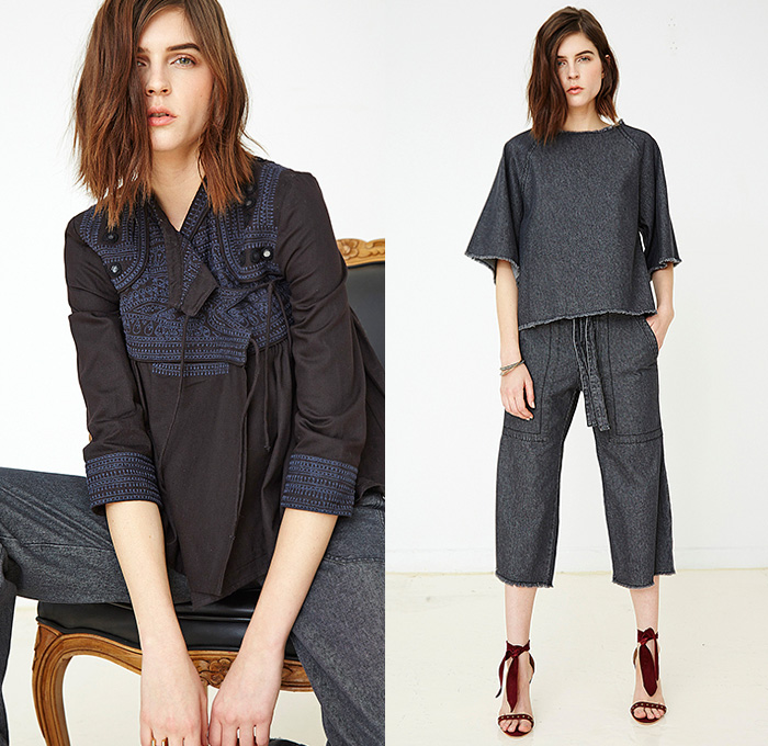 Ulla Johnson 2015 Pre Fall Autumn Womens Lookbook Presentation - Denim Jeans Flare Shirtdress Jumpsuit 70s Boho Fringes Quilted Lace Embroidery Foliage Raw Hem Frayed Hat Onesie Boiler Suit Salopette Coveralls Playsuit Wide Leg 1970s Seventies Hippie Bohemian Knit Blouse Long Sleeve Tie Up Culottes Gauchos Sash Waist Fauna Leaves Print Pattern Tunic Slouchy Cargo Pants Jogger Sweatpants Florals