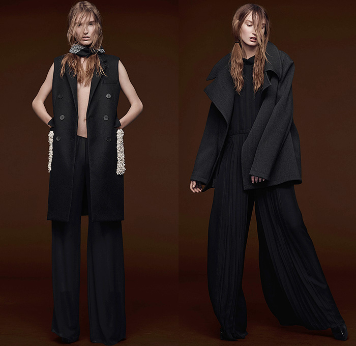 Vera Wang 2015 Pre Fall Autumn Womens Lookbook Presentation - Sequins Furry Black Ensemble Hoodie Grunge Sweaterdress Jumpsuit Wide Leg Pearls Pleats Knit Parka Shorts Blazer Boots Cropped Capri Sweater Jumper Flowers Florals Midi Pencil Skirt Frock Ruffles Sweatshirt Vest Waistcoat Wide Leg Palazzo Pants Trousers Pants Accordion Pleats Sheer Chiffon Oversized Maxi Dress Noodle Spaghetti Strap Gown