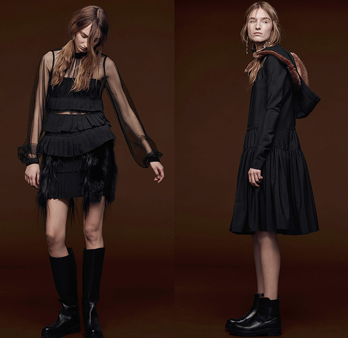 Vera Wang 2015 Pre Fall Autumn Womens Lookbook Presentation - Sequins Furry Black Ensemble Hoodie Grunge Sweaterdress Jumpsuit Wide Leg Pearls Pleats Knit Parka Shorts Blazer Boots Cropped Capri Sweater Jumper Flowers Florals Midi Pencil Skirt Frock Ruffles Sweatshirt Vest Waistcoat Wide Leg Palazzo Pants Trousers Pants Accordion Pleats Sheer Chiffon Oversized Maxi Dress Noodle Spaghetti Strap Gown