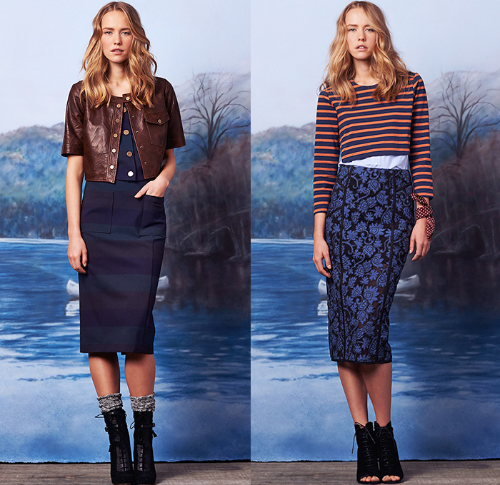 Veronica Beard 2015 Pre Fall Autumn Womens Lookbook Presentation - Boho Denim Jeans 1960s Sixties 1970s Seventies Pantsuit Stripes Jacket Flowers Leaves Shirtdress Fringes Florals Botanical Hippie Bohemian Cowgirl Western Vest Waistcoat Fauna Foliage Jogger Sweatpants Blazer Outerwear Metallic Sweater Jumper Knit Midi Pencil Skirt Sheer Chiffon Lace Field Jacket Frock Fringes Leather