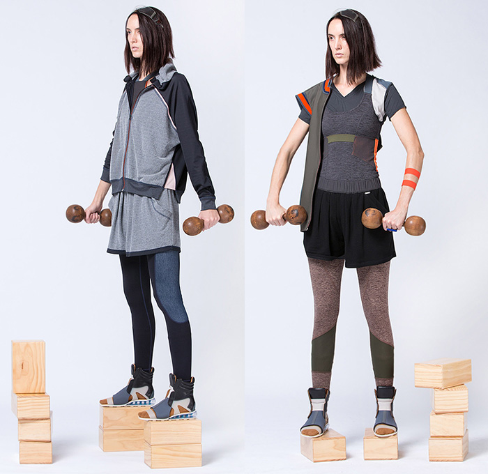 VPL by Victoria Bartlett 2015 Pre Fall Autumn Womens Lookbook Presentation - Sporty Fitness Gym Athletics Leggings Sweats Shorts Mesh Stripes Vest Jogger Drapery Multi-Panel Gym Sandals High Tops Zipper Hoodie Leggings Under Shorts Waistcoat Pleats Sweatpants Sweater Jumper Angular Slanted Hem