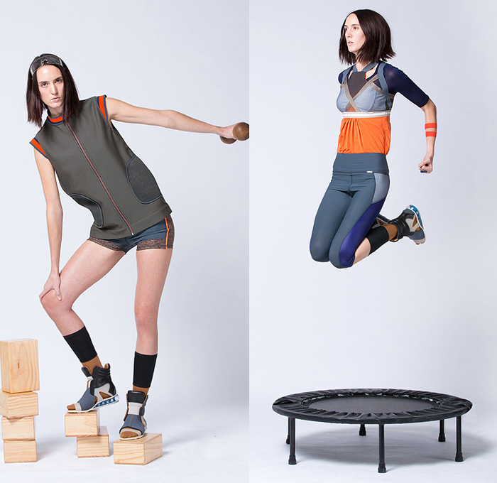 VPL by Victoria Bartlett 2015 Pre Fall Autumn Womens Lookbook Presentation - Sporty Fitness Gym Athletics Leggings Sweats Shorts Mesh Stripes Vest Jogger Drapery Multi-Panel Gym Sandals High Tops Zipper Hoodie Leggings Under Shorts Waistcoat Pleats Sweatpants Sweater Jumper Angular Slanted Hem