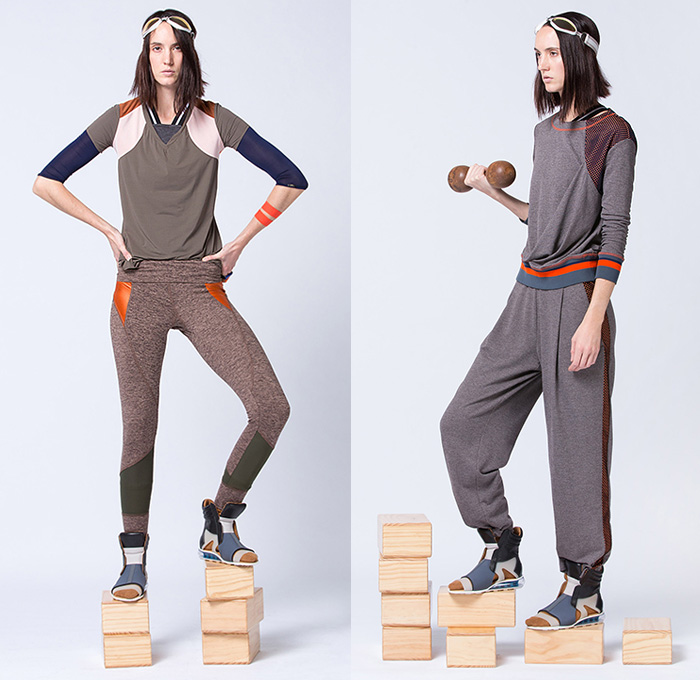 VPL by Victoria Bartlett 2015 Pre Fall Autumn Womens Lookbook Presentation - Sporty Fitness Gym Athletics Leggings Sweats Shorts Mesh Stripes Vest Jogger Drapery Multi-Panel Gym Sandals High Tops Zipper Hoodie Leggings Under Shorts Waistcoat Pleats Sweatpants Sweater Jumper Angular Slanted Hem