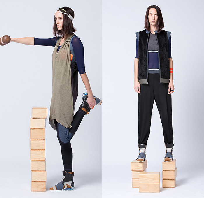 VPL by Victoria Bartlett 2015 Pre Fall Autumn Womens Lookbook Presentation - Sporty Fitness Gym Athletics Leggings Sweats Shorts Mesh Stripes Vest Jogger Drapery Multi-Panel Gym Sandals High Tops Zipper Hoodie Leggings Under Shorts Waistcoat Pleats Sweatpants Sweater Jumper Angular Slanted Hem