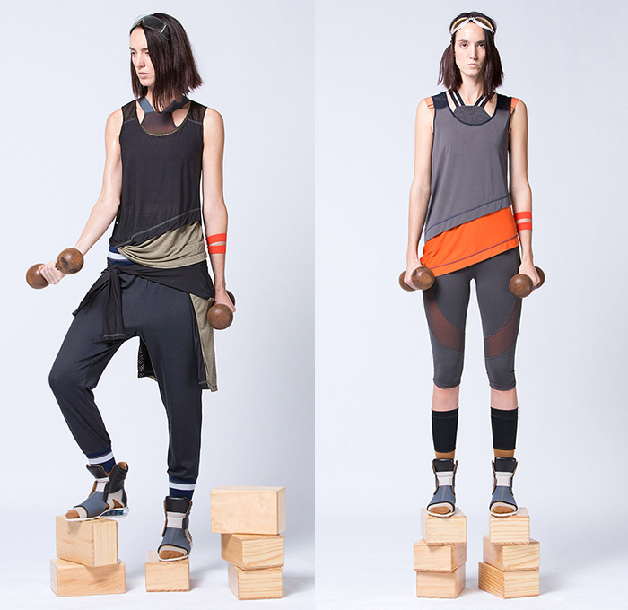 VPL by Victoria Bartlett 2015 Pre Fall Autumn Womens Lookbook Presentation - Sporty Fitness Gym Athletics Leggings Sweats Shorts Mesh Stripes Vest Jogger Drapery Multi-Panel Gym Sandals High Tops Zipper Hoodie Leggings Under Shorts Waistcoat Pleats Sweatpants Sweater Jumper Angular Slanted Hem