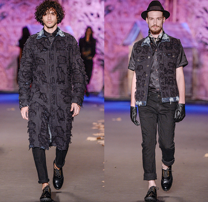 Cavalera 2015 Winter Mens Runway Catwalk Looks - Temporada Inverno 2015 São Paulo Fashion Week Brazil Brasil Southern Hemisphere Moda Desfiles - Hansel Gretel Fables Denim Jeans Jumpsuit Hoodie Boots Plaid Patchwork Blazer Outerwear Shearling Vest Waistcoat Frayed Raw Hem Onesie Overalls Bib Brace Dungarees Cargo Utility Pockets Flowers Florals Gingerbread House Cookies Woods Forest Clouds Landscape Bones Skeleton