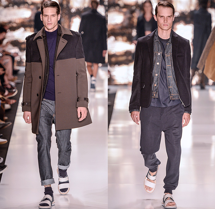 Colcci 2015 Winter Mens Runway Catwalk Looks - Temporada Inverno 2015 São Paulo Fashion Week Brazil Brasil Southern Hemisphere Moda Desfiles - Denim Jeans Outerwear Polka Dots Jacket Trench Coat Sock with Sandals Blazer Shorts Pants Trousers Stripes Colorblock Orange Puffer