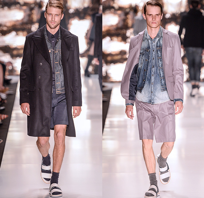 Colcci 2015 Winter Mens Runway Catwalk Looks - Temporada Inverno 2015 São Paulo Fashion Week Brazil Brasil Southern Hemisphere Moda Desfiles - Denim Jeans Outerwear Polka Dots Jacket Trench Coat Sock with Sandals Blazer Shorts Pants Trousers Stripes Colorblock Orange Puffer