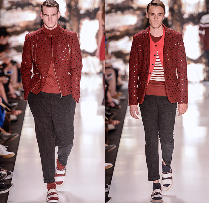 Colcci 2015 Winter Mens Runway Catwalk Looks - Temporada Inverno 2015 São Paulo Fashion Week Brazil Brasil Southern Hemisphere Moda Desfiles - Denim Jeans Outerwear Polka Dots Jacket Trench Coat Sock with Sandals Blazer Shorts Pants Trousers Stripes Colorblock Orange Puffer