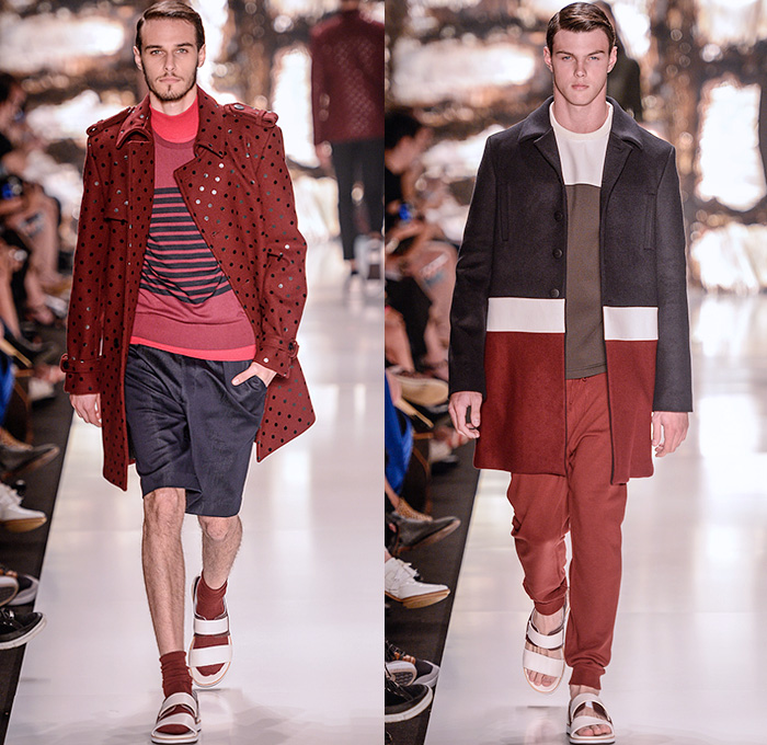 Colcci 2015 Winter Mens Runway Catwalk Looks - Temporada Inverno 2015 São Paulo Fashion Week Brazil Brasil Southern Hemisphere Moda Desfiles - Denim Jeans Outerwear Polka Dots Jacket Trench Coat Sock with Sandals Blazer Shorts Pants Trousers Stripes Colorblock Orange Puffer