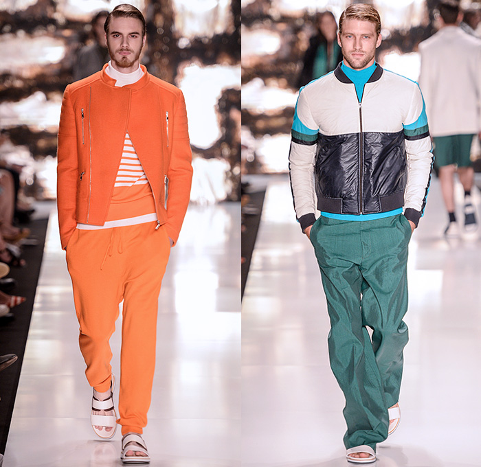 Colcci 2015 Winter Mens Runway Catwalk Looks - Temporada Inverno 2015 São Paulo Fashion Week Brazil Brasil Southern Hemisphere Moda Desfiles - Denim Jeans Outerwear Polka Dots Jacket Trench Coat Sock with Sandals Blazer Shorts Pants Trousers Stripes Colorblock Orange Puffer