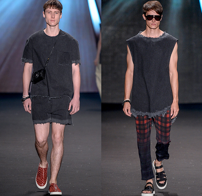 Osklen 2015 Winter Mens Runway Catwalk Looks - Temporada Inverno 2015 São Paulo Fashion Week Brazil Brasil Southern Hemisphere Moda Desfiles - Denim Jeans Frayed Raw Hem Shorts Shirt Sneakers Plaid Sandals Trench Coat Coat Outerwear Pants Trousers Fur Print Graphic Hanging Sleeve Chunky Knit Knit Shawl Sleeveless Furry